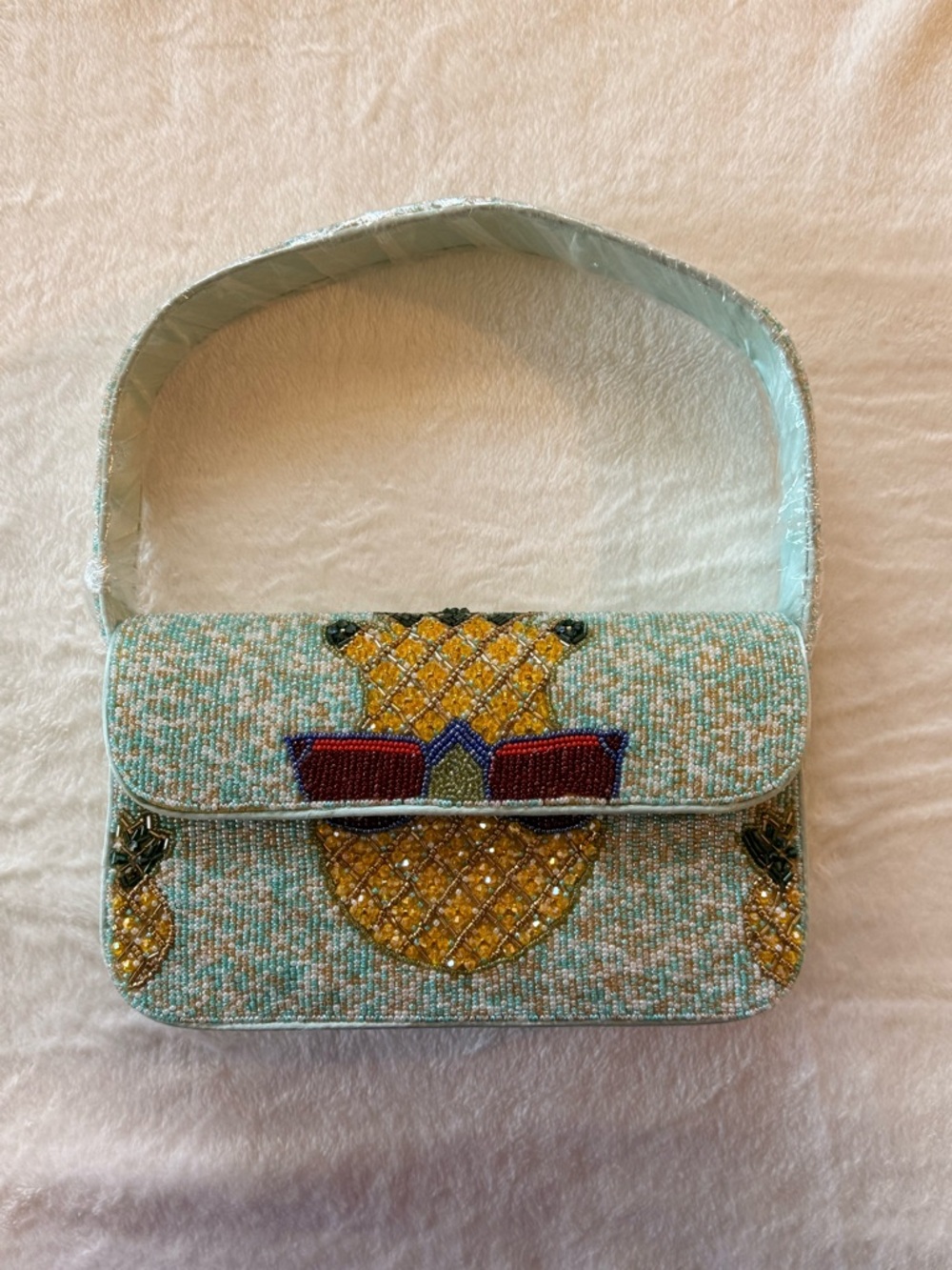 Handmade Beaded Pineapple Accent Shoulder Bag in Light Aqua